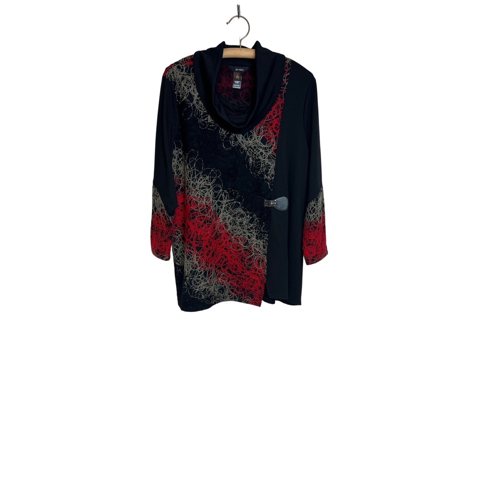 Ali Miles Tunic Top Womens Large Black Red Abstract Cowl Neck Buckle Accent G31